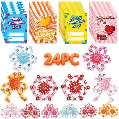 24PC Valentines Cards for Kids with 24PC Fidget Spinner,Funny Sensory Fidget Toys Deformable Chain DIY Robot Spinner,Fingertip Stress Relief Gyro Toy Sensory Toy Valentines for Class Party Favors