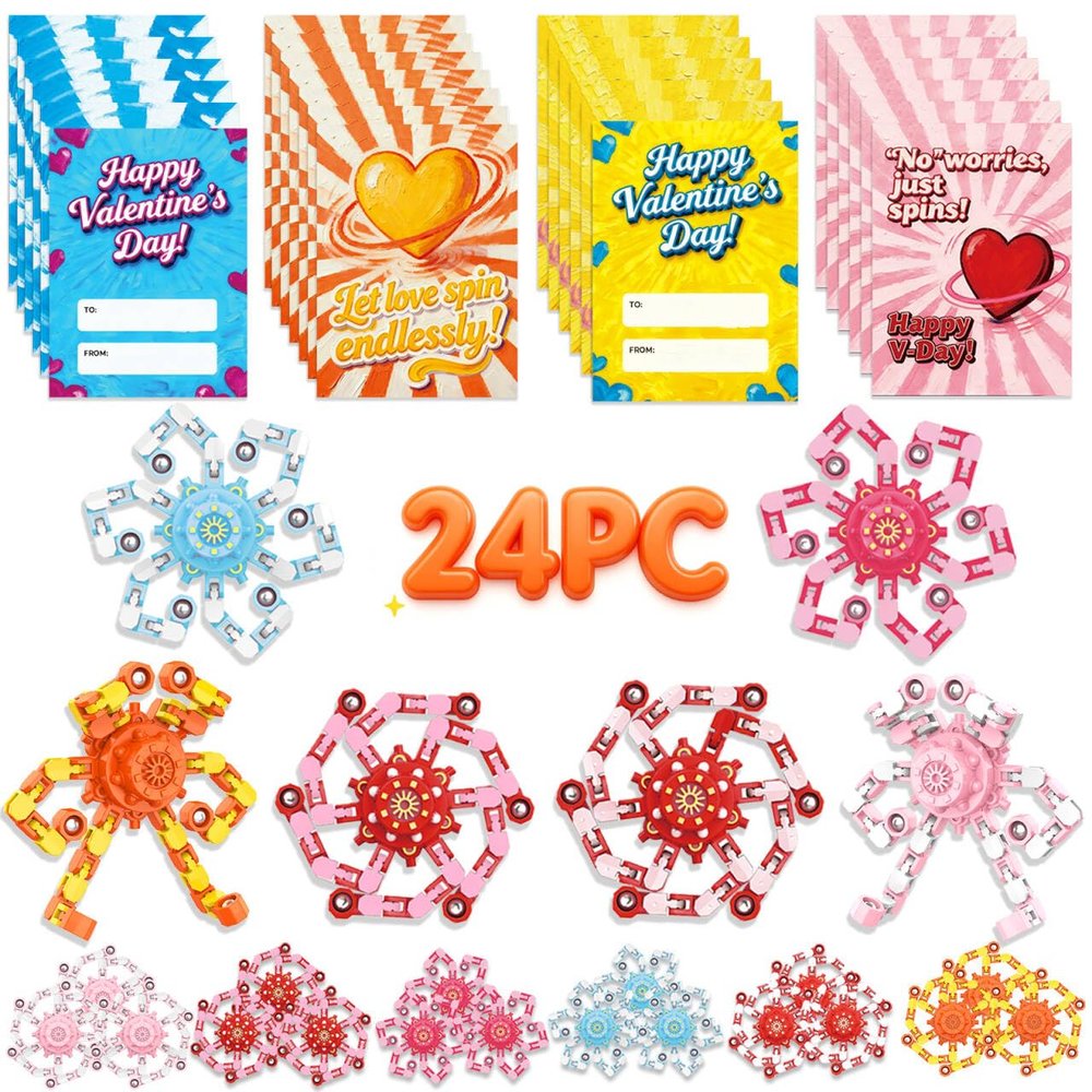24PC Valentines Cards for Kids with 24PC Fidget Spinner,Funny Sensory Fidget Toys Deformable Chain DIY Robot Spinner,Fingertip Stress Relief Gyro Toy Sensory Toy Valentines for Class Party Favors