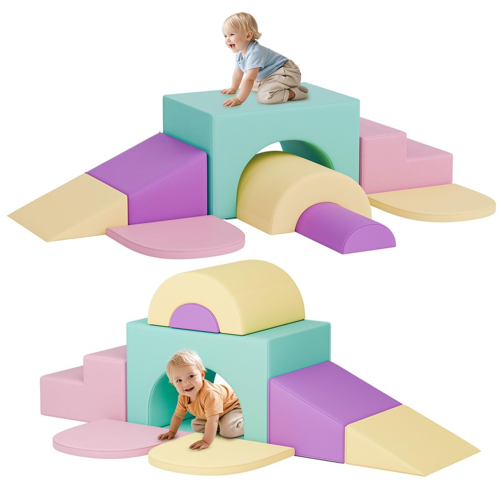 MU Soft Climbing Toys for Toddlers, 7-Piece Baby Soft Foam Climbing Blocks, PU Leather Gym Climb and Crawl Activity Play Set, Indoor Climbing Toys for Kids and Children, Pink