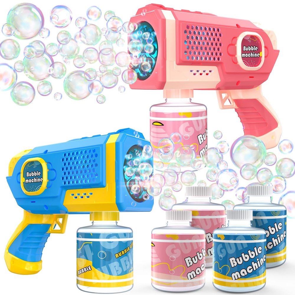 EagleStone 2 Pack Bubble Guns with 4 Bottles Solution, Automatic Bubble Machine Blaster for Kids & Adults  Light Up Summer Toy for Outdoor, Birthday Gifts, Easter, Wedding Party Favor Bubble