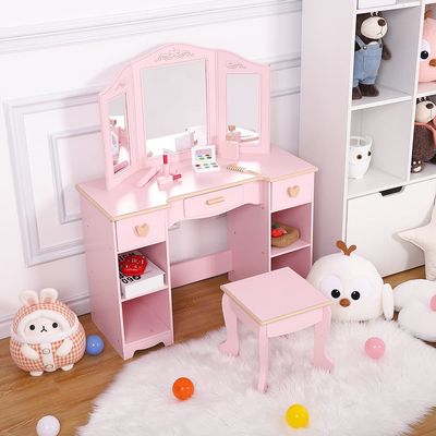 dainslef Kids Vanity Set with Mirror & Drawers - Girls Pretend Play Makeup Table with Wooden Toys, Stool & Storage | CPSIA Certified for Ages 3-9