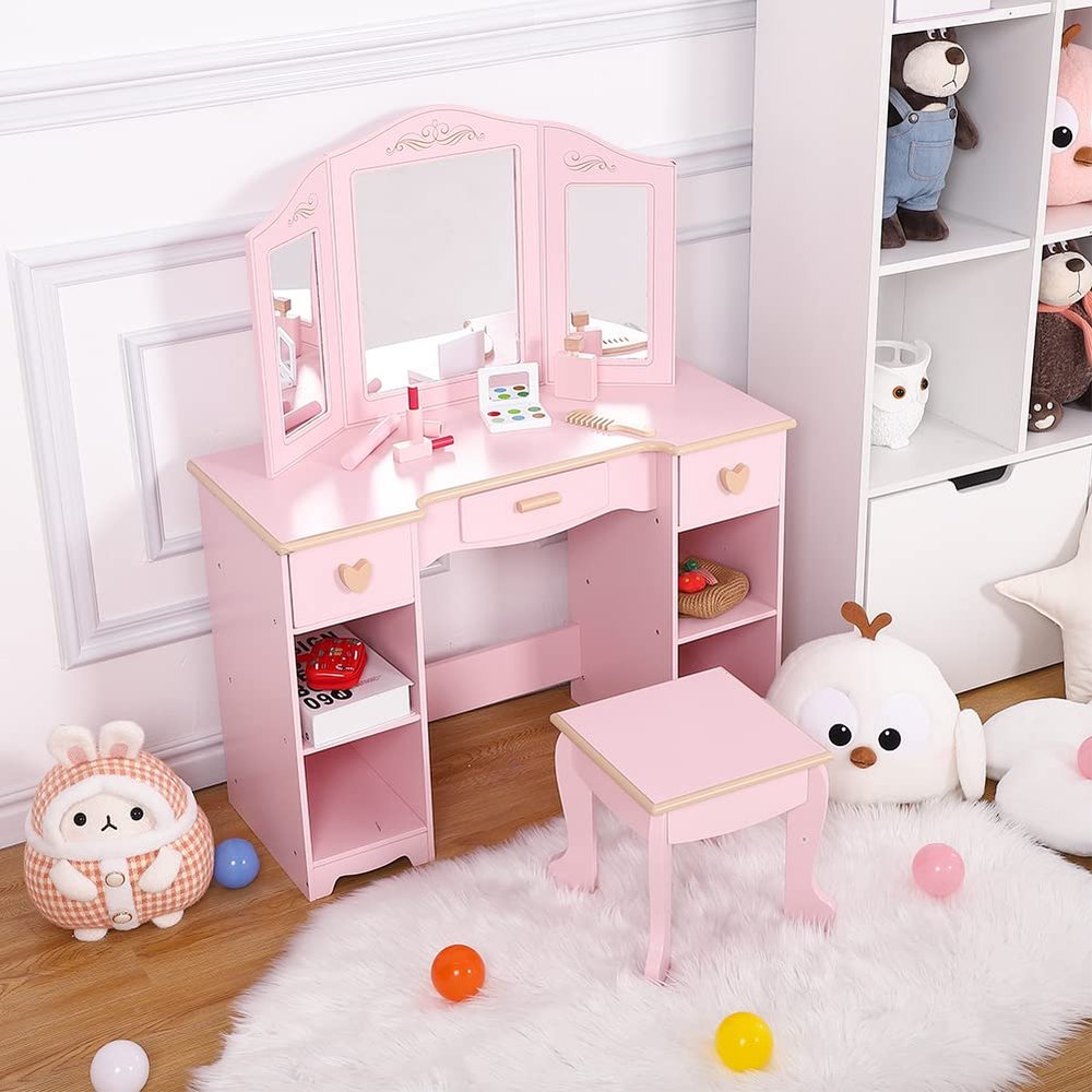 dainslef Kids Vanity Set with Mirror & Drawers - Girls Pretend Play Makeup Table with Wooden Toys, Stool & Storage | CPSIA Certified for Ages 3-9
