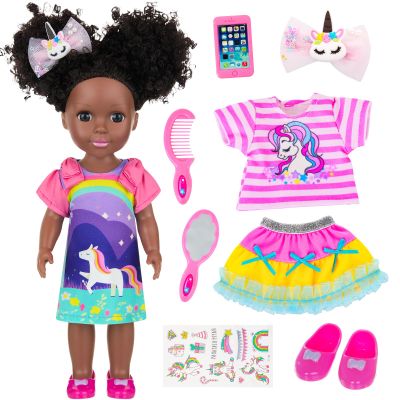 Ecore Fun 14 Inch Black Doll with Black Baby Doll Clothes Accessories  Including Dress, Top, Skirt, Shoes, Comb, Mirror, Hairclip, Phone & Stickers - African Realistic Silicone Girl Dolls for Girls