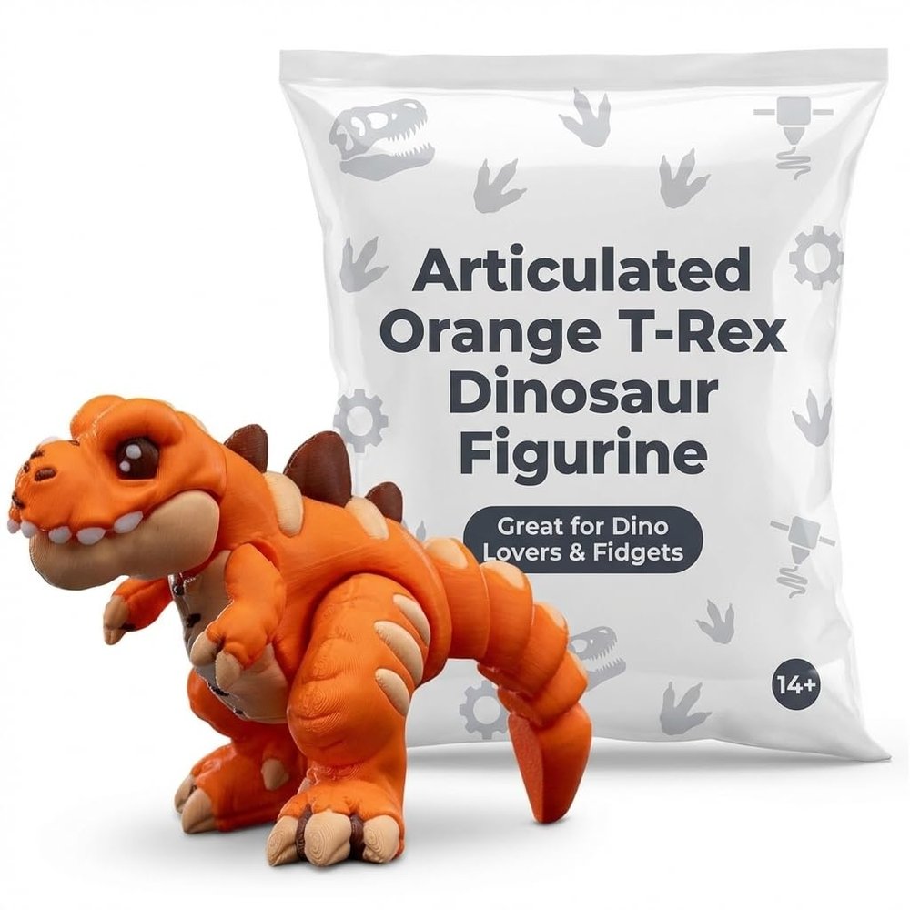 Articulated Orange T-Rex Dinosaur Figurine  Flexible 3D Printed Collectible Desk Companion for Teens & Adults  3D Printed in Canada