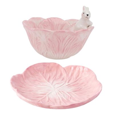 FUNOMOCYA Lovely Boys and Girls Bowl Set Rabbit Cabbage Bowl Dinner Plate Fine Crafted Ceramic Tableware