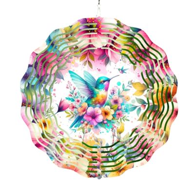 3D Wind Spinner, 10-inch Hummingbird Floral Design, Colorful Metal Garden Decoration