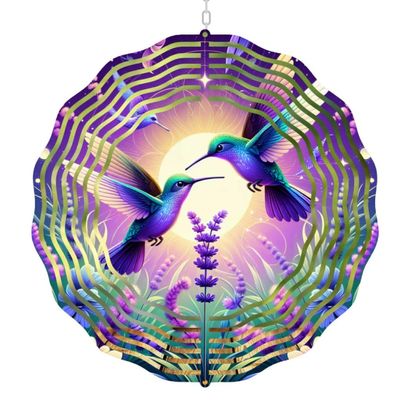 3D Wind Spinner, Hummingbird Garden Decor, 10-inch Metal Hanging Art with Purple and Blue Design