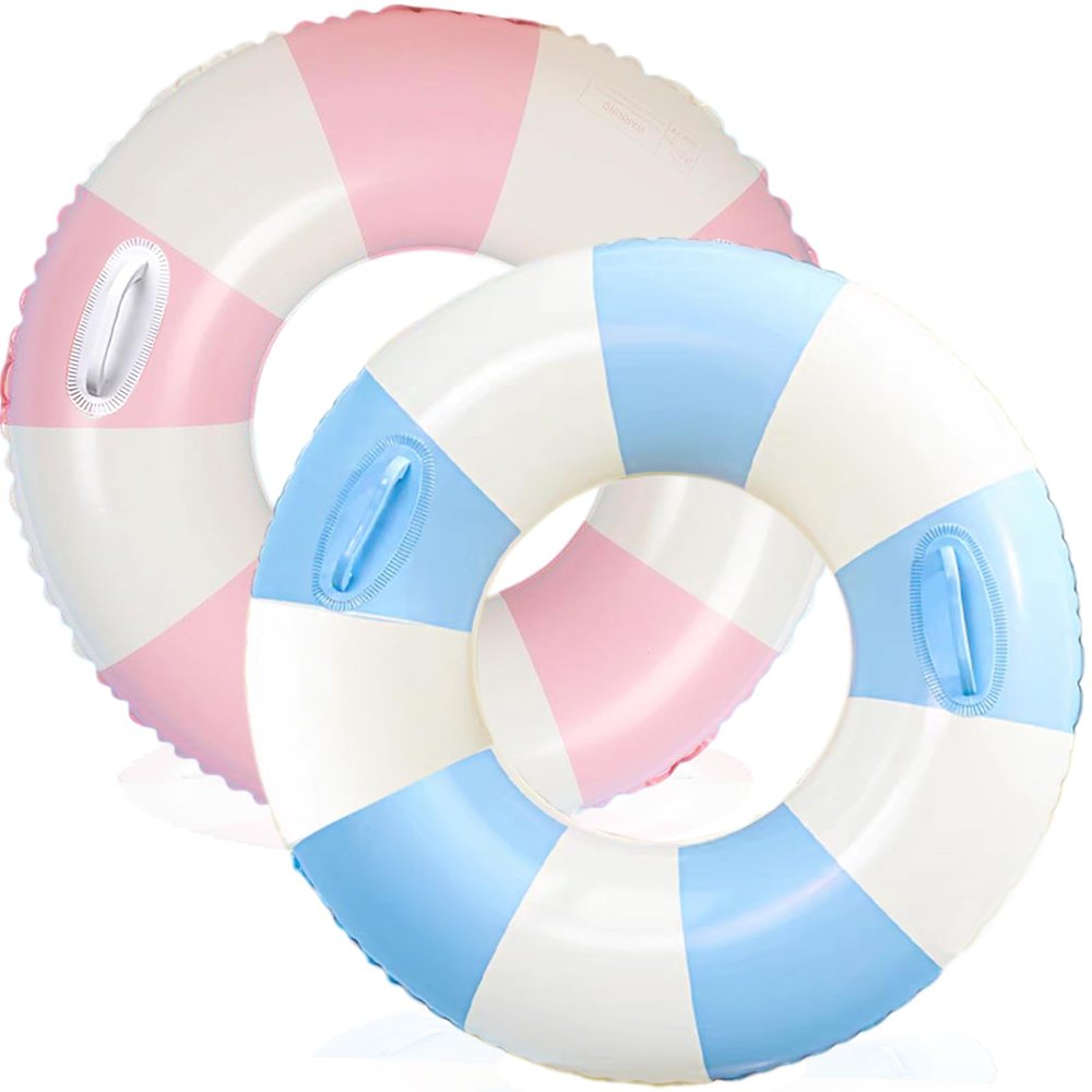 30 inch Inflatable Pool Floats for Adults- 2 Pack Blue Pink Striped Floaties Pool Tubes Swim Rings with Handles Inflatable Pool Float for Swimming Pool Party Lake Beach Adults (Blue and Pink, 90)