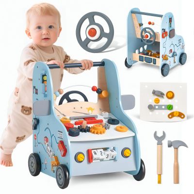 Giant bean Wooden Baby Push Walker with Activity Center Car Traffic Theme Tool Bench Shape Sorter, Steering Wheel Gears, Montessori Toy for Toddler 1-3, Walking Toy Speed Adjustable