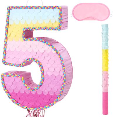 WERNNSAI Pink Sweet Five Pinata - Number 5 Pinata Happy Birthday Decoration Pink Rainbow Design Party Games for Girl Princess Baby Shower Party Favor with Blindfold Anniversary Celebration Supplies