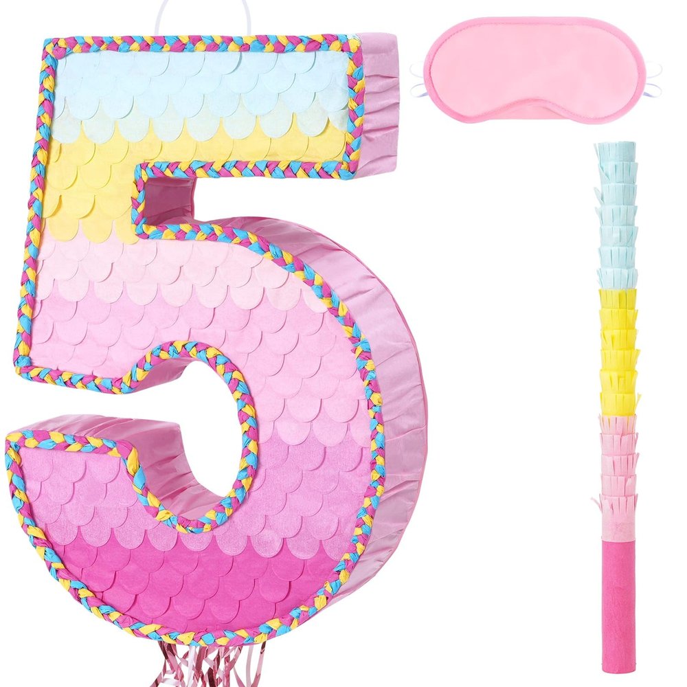 WERNNSAI Pink Sweet Five Pinata - Number 5 Pinata Happy Birthday Decoration Pink Rainbow Design Party Games for Girl Princess Baby Shower Party Favor with Blindfold Anniversary Celebration Supplies