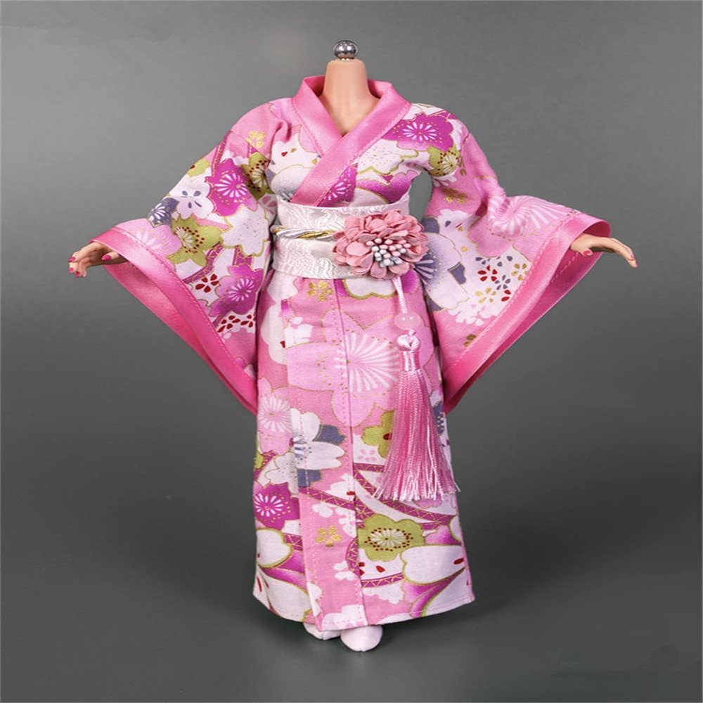 1/6 Scale Female Japanese Kimono Traditional Dress Clothing with Belt Waistband Socks Accessories for 12 Inch Female Action Figure Doll, 1/6 Japanese Bathrobe Costume (Pink, Long Style)
