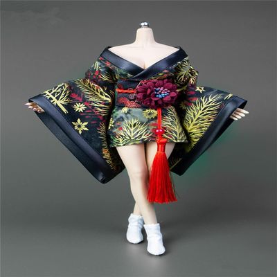 1/6 Scale Female Japanese Kimono Traditional Dress Clothing with Belt Waistband Socks Accessories for 12 Inch Female Action Figure Doll, 1/6 Japanese Bathrobe Costume (Black-Gold, Short Style)