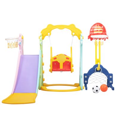 5 in 1 Slide and Swing Playing Set, Toddler Extra Long Slide with 2 Basketball Hoops, Football, Ringtoss, Indoor Outdoor