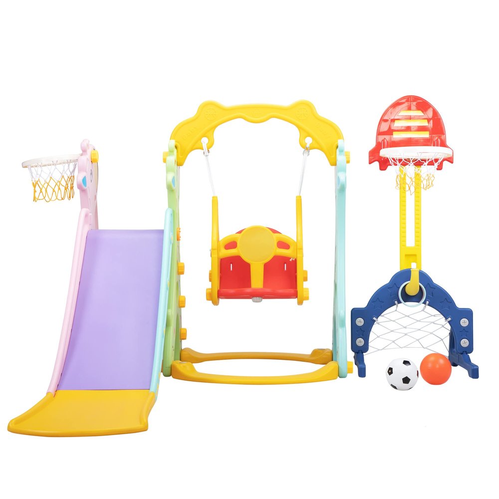 5 in 1 Slide and Swing Playing Set, Toddler Extra Long Slide with 2 Basketball Hoops, Football, Ringtoss, Indoor Outdoor