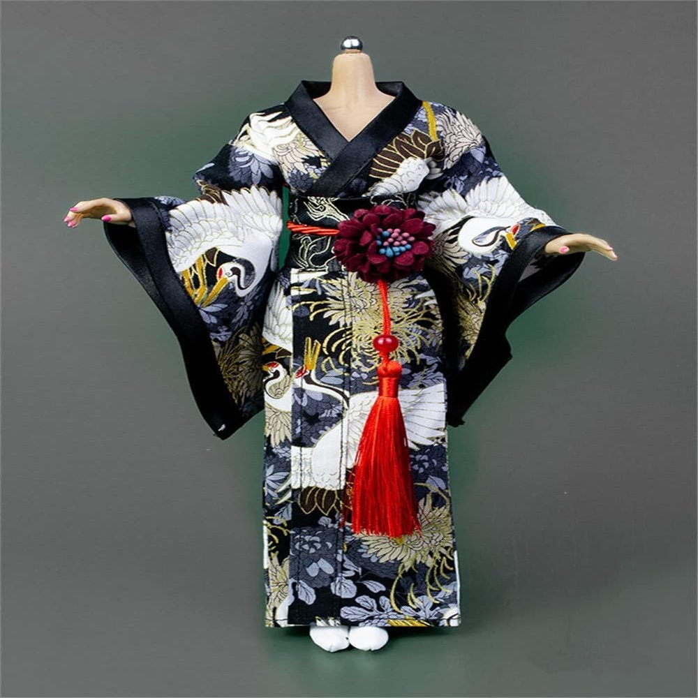 1/6 Scale Female Japanese Kimono Traditional Dress Clothing with Belt Waistband Socks Accessories for 12 Inch Female Action Figure Doll, 1/6 Japanese Bathrobe Costume (Black-White, Long Style)