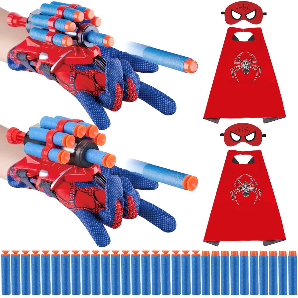 Aooess Superhero Wrist Shooter for Kids: 2 Sets Wrist Shoots Toys, Superhero Cosplay Toy Kids Capes and Mask Set Spider Toys for Boys 4-6, Role-Play Costume for Boys and Girls 3-8 Gifts