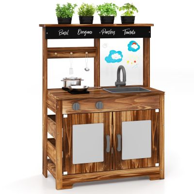 Costzon Mud Kitchen, Fir Wood Outdoor Play Kitchen with 4 Planting Pots, Faucet, Removable Sink, Stoves, Cooking Accessories, Kids Kitchen Playset for Backyard, Garden, Gift for Boys Girls 3+ (Brown)