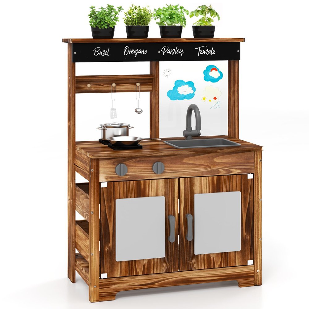 Costzon Mud Kitchen, Fir Wood Outdoor Play Kitchen with 4 Planting Pots, Faucet, Removable Sink, Stoves, Cooking Accessories, Kids Kitchen Playset for Backyard, Garden, Gift for Boys Girls 3+ (Brown)