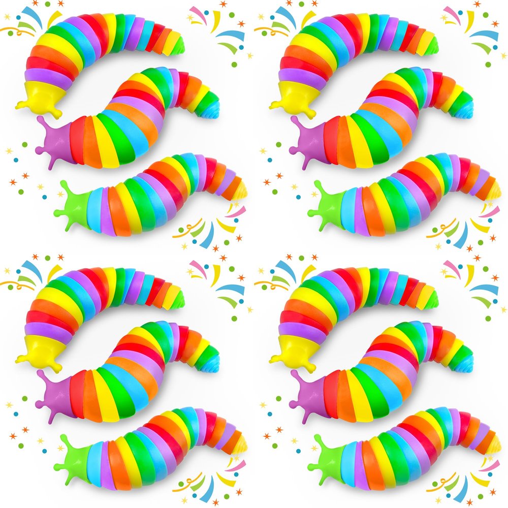 12PCS Baby Sensory Fidget Slug Toys Pack, ASMR Travel Airplane Activities Road Trip Car Toy for Toddler Kids Figette Worm for Adults Stress Relief Gift for Autism ADHD Autistic Caterpillar Stim Toys