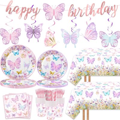 149 Pcs Butterfly Birthday Party Supplies Pink Spring Butterfly Tableware Includes Hanging Swirl, Plates, Cups, Straws, Tablecloth for Girls Baby Shower 1st 2nd 3rd 4th Bday Party Supplies Favors