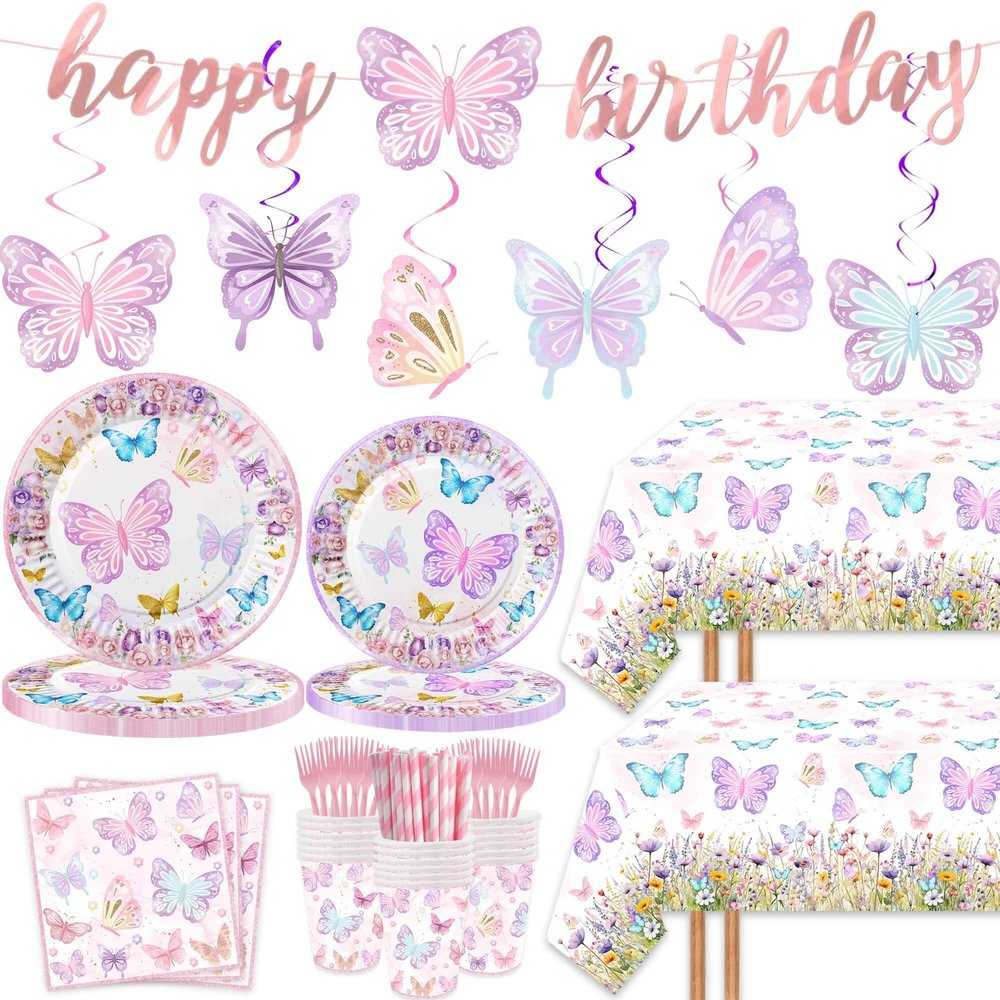 149 Pcs Butterfly Birthday Party Supplies Pink Spring Butterfly Tableware Includes Hanging Swirl, Plates, Cups, Straws, Tablecloth for Girls Baby Shower 1st 2nd 3rd 4th Bday Party Supplies Favors