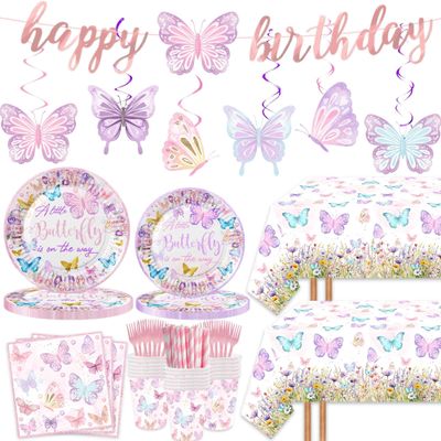 149 Pcs Butterfly Baby Shower Party Supplies Pink A Little Butterfly Is On The Way Tableware Includes Hanging Swirl, Plates, Cups, Straws, Tablecloth for Girls Gender Reveal 1st Bday Decorations