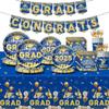 128 Pcs Blue And Gold Graduation Decorations 2025,Graduation Decorations 2025 Deals Set Include Tablecloth , Paper Plates, Cups,Forks, Napkins, Grad Banner Is Suit For Any Grad Party. view 1