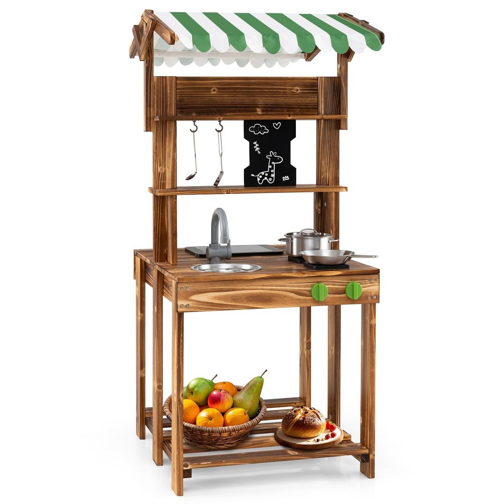 Costzon Mud Kitchen, Double-Sided Outdoor Play Kitchen & Barbecue Grill Playset with Canopy, Chalkboard, Sink & Faucet, Cooking Accessories, Gift for Boys & Girls 3+ (Double-Sided)