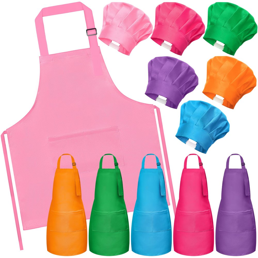 2ooya Kids Apron and Chef Hat Set - 6Pcs Colorful Adjustable Kitchen Toddler Apron for Girls Boys, Pretend Play Toy Cooking Gift for Kids Baking Painting Career Day Costume Kitchen Game Supplies