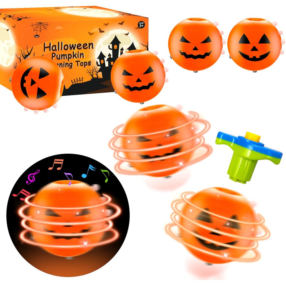 Halloween Light Up Party Favors Spinning Tops 12 Pack, Halloween Non Candy Boo Spooky Trick or Treat Basket Items for Kids Toddlers, Pumpkin Pinata Goodie Bag Stuffers Preschool Toys Gifts Prizes