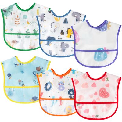 2ooya 6Pcs Baby Feeding Bibs with Crumb Catcher Pocket Waterproof Sleeveless Teething Plastic Food Bib Set Adjustable Toddler Infant Keepsake Gift for Baby Shower, 6-24 Months