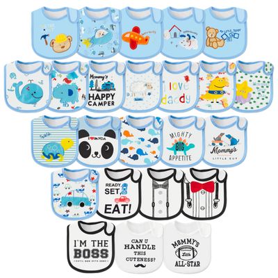 2ooya Cotton Waterproof Baby Bibs - 24Pcs Blue Adjustable Hook Loop Closure Infant Bib Newborn Babies Food Bibs Keepsake Baby Gift for Feeding Teething Drooling Eating, 6-12 Months