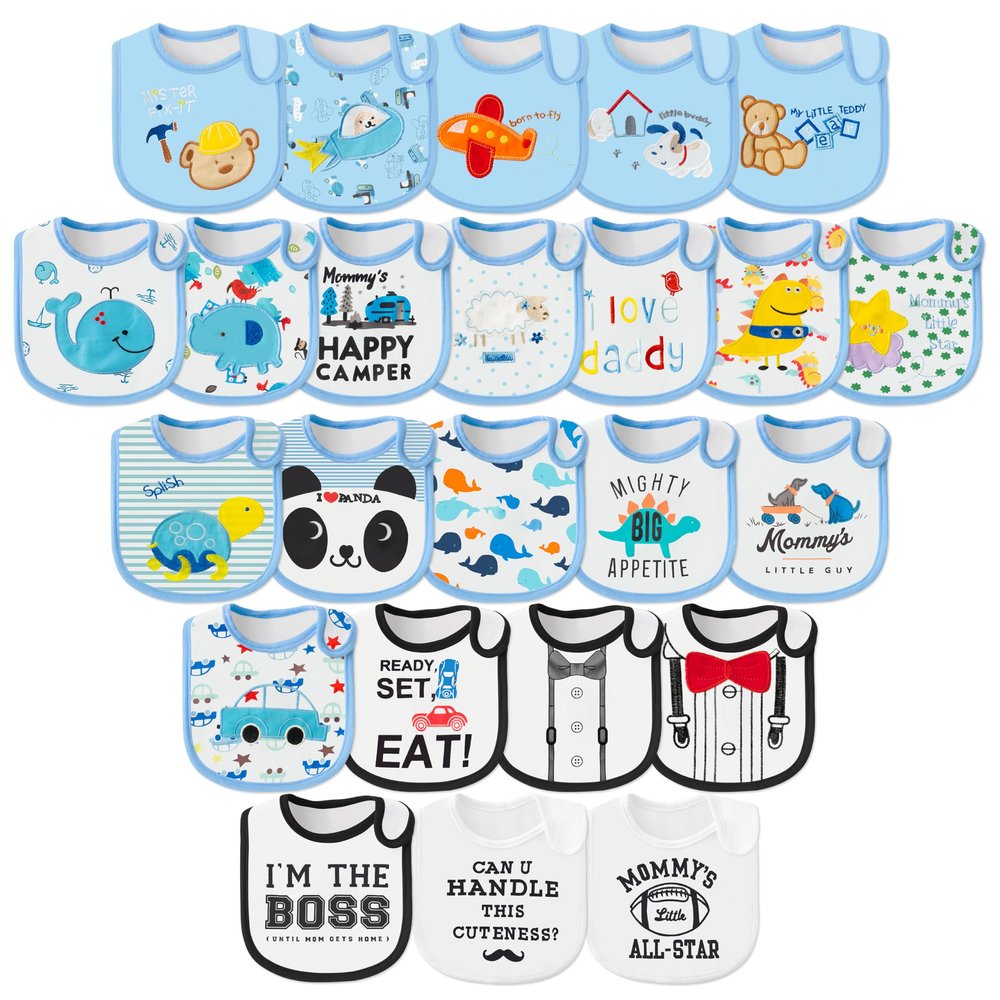 2ooya Cotton Waterproof Baby Bibs - 24Pcs Blue Adjustable Hook Loop Closure Infant Bib Newborn Babies Food Bibs Keepsake Baby Gift for Feeding Teething Drooling Eating, 6-12 Months