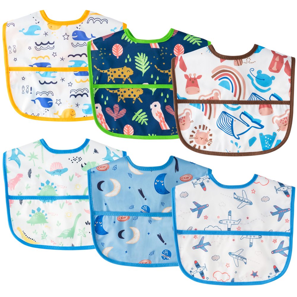 2ooya 6Pcs Baby Bibs for Eating Toddler Adjustable Feeding Bibs with Crumb Catcher Pocket Waterproof Sleeveless Teething Plastic Food Bib Set Infant Keepsake Gift for Baby Shower, 6-24 Months