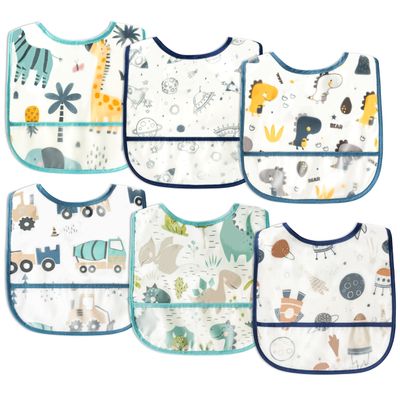 2ooya 6Pcs Baby Bibs for Feeding Toddler Eating Bibs with Crumb Catcher Pocket Waterproof Sleeveless Teething Plastic Food Bib Set Adjustable Infant Keepsake Gift for Boys Baby Shower, 6-24 Months