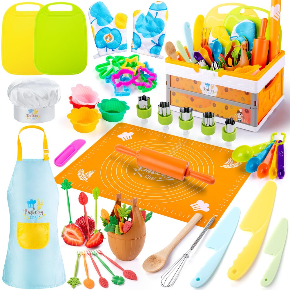 EFO SHM 52 PCS Kids Cooking Sets, Montessori Pretend Play Kitchen Toys for Real Cooking Baking, Toddler Knife Set with Chef Hat & Apron, Kids Baking Set for Boys Girls Christmas Birthday Gift