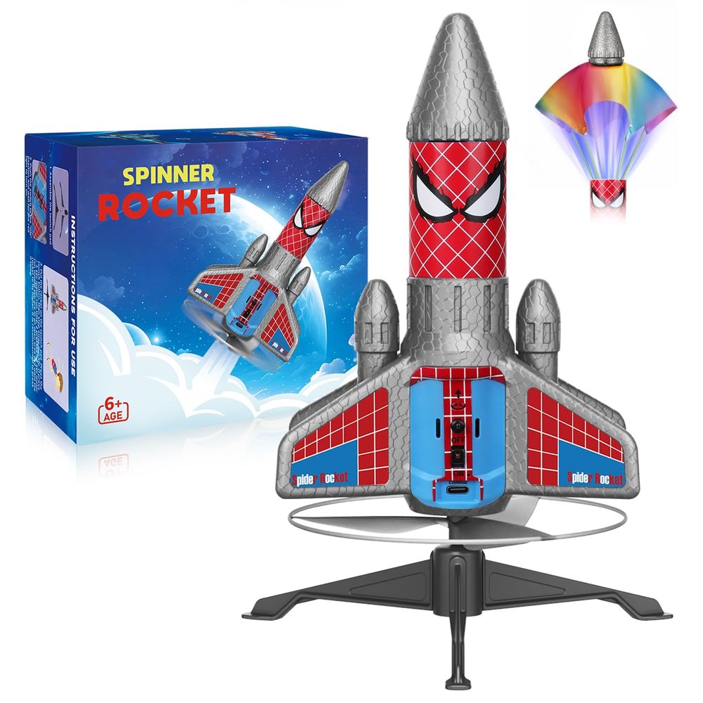 Fullware Rocket Launcher for Kids 2nd Gen Upgraded Design, Electric Auto Launch, 200ft Flight with Safe Parachute, Outdoor Rocket Toy for Boys & Girls, Birthday Gift for Ages 6-13, Spider Pattern