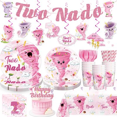 140 PCS Two Nado Birthday Decorations Girl, Tornado 2 Year Old Birthday Party Decorations Girl, Includes Two Nado Banner, Cake Topper, Plates and Tablecloth, Service 20 Guests