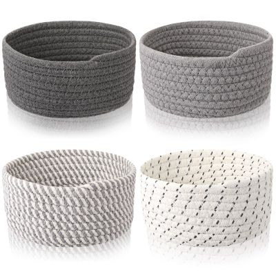 Boao 4 Pcs Easter Woven Baskets Small Rope Storage Bin Mini Cotton Baskets for Organizing Easter Gifts Cute Tiny Empty Round Shelf Closet Decorative Bins for Home Room(Gray)