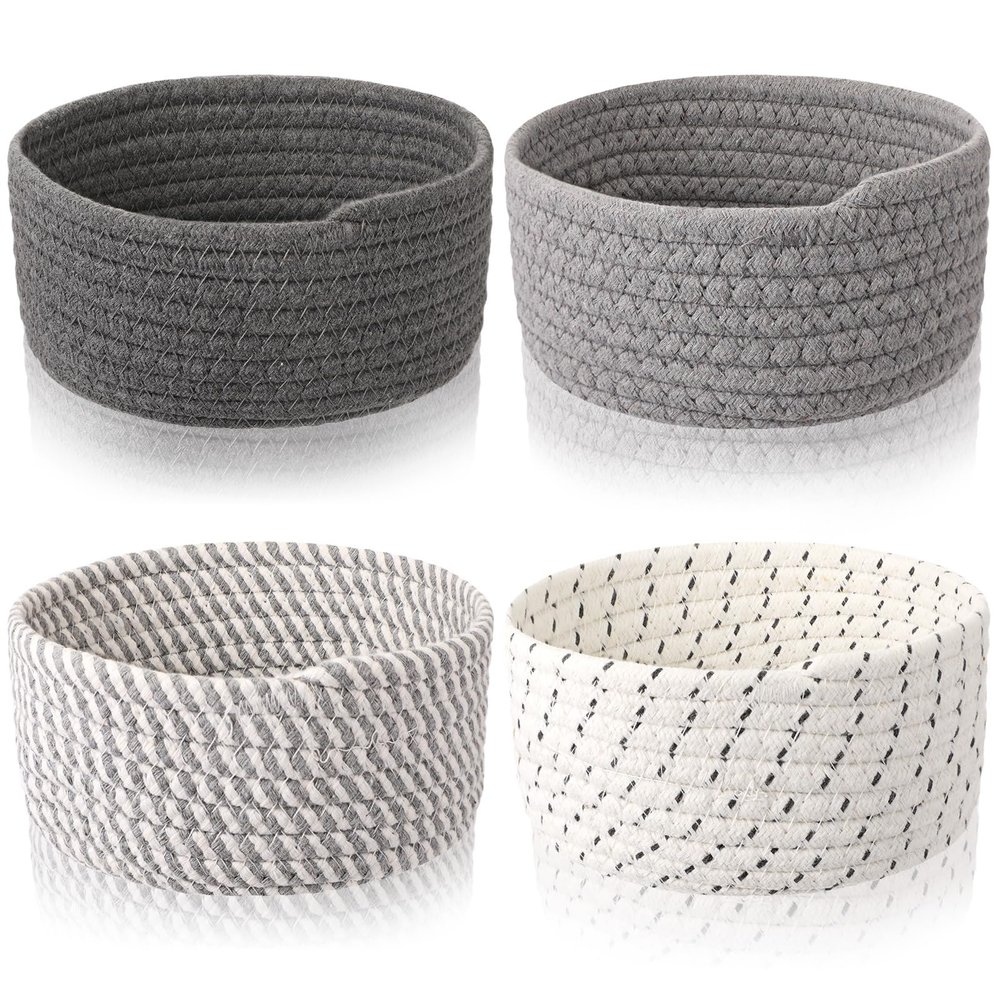 Boao 4 Pcs Easter Woven Baskets Small Rope Storage Bin Mini Cotton Baskets for Organizing Easter Gifts Cute Tiny Empty Round Shelf Closet Decorative Bins for Home Room(Gray)