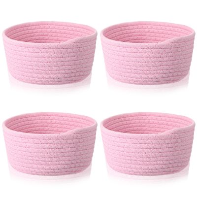Boao 4 Pcs Easter Woven Baskets Small Rope Storage Bin Mini Cotton Baskets for Organizing Easter Gifts Cute Tiny Empty Round Shelf Closet Decorative Bins for Home Room(Pink)