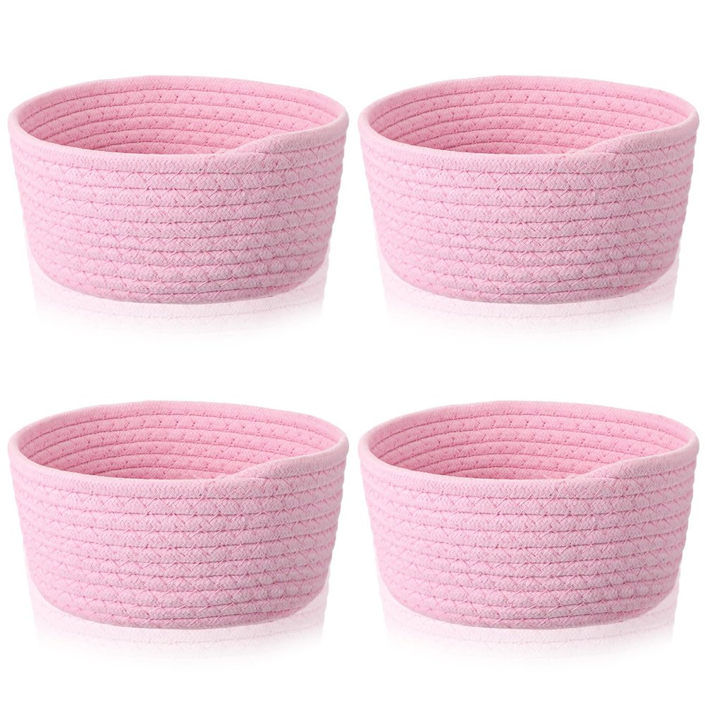 Boao 4 Pcs Easter Woven Baskets Small Rope Storage Bin Mini Cotton Baskets for Organizing Easter Gifts Cute Tiny Empty Round Shelf Closet Decorative Bins for Home Room(Pink)