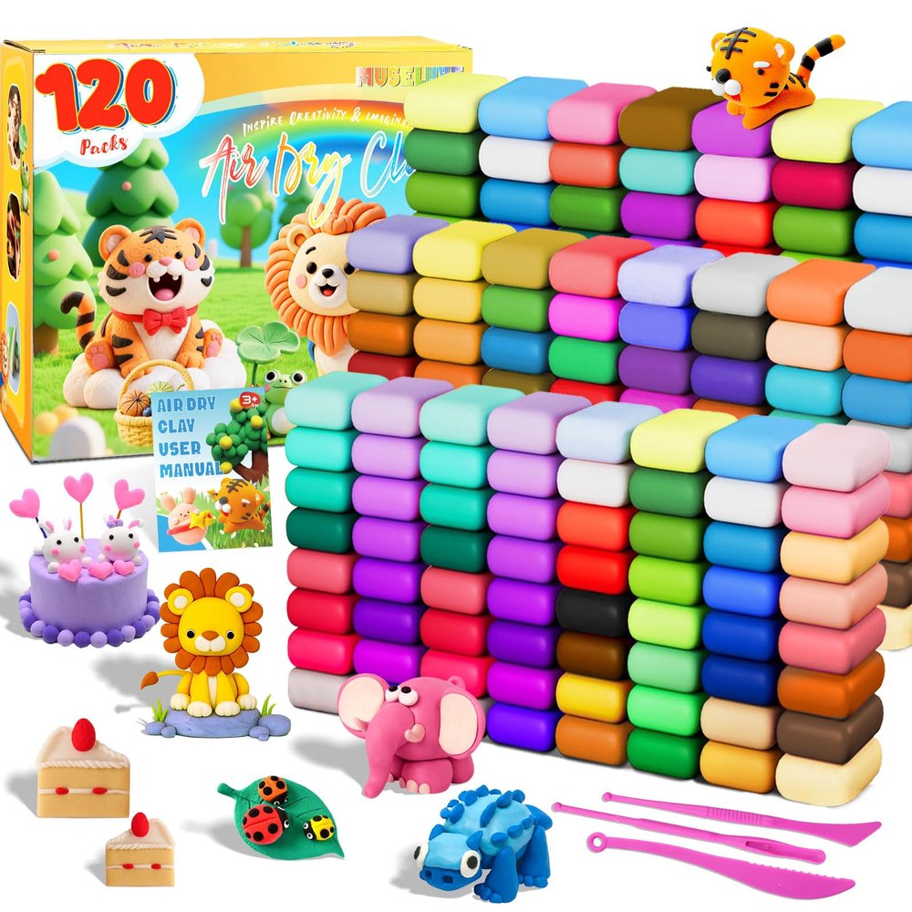 MuseLuxe Air Dry Clay - 120 Pack Modeling Clay Kit with 3 Sculpting Tools,Safe & Non-Toxic,DIY Magic Toys Gifts for Boys,Girls,Kids - 48 Colors