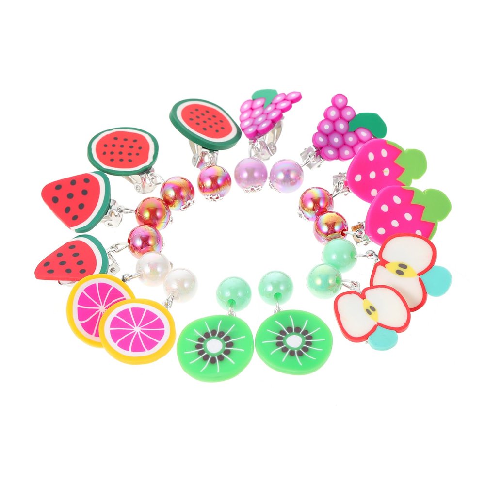 Didiseaon 7pairs Earrings for Boy Girl Cute Cartoon Ear Clips Non-piercing Soft Clay Fruit Designs for Girls Daily Wear and Parties Durable and Easy to Use