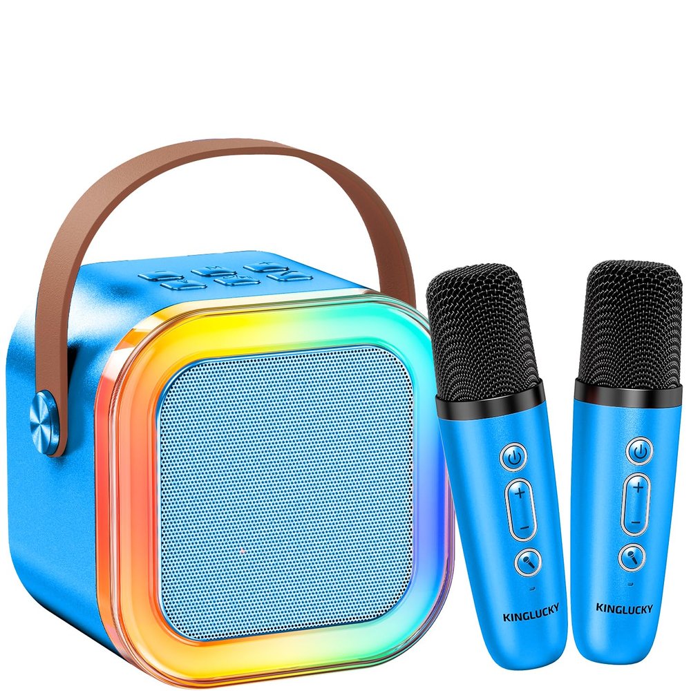Kinglucky Mini Karaoke Machine for Kids, 2025 TOP Birthday Gifts Ideas for 3-12 Year Old Girls, Christmas Party Gifts Kids' Personal Video Players Accessories with 2 Wireless Microphones - Gold Blue