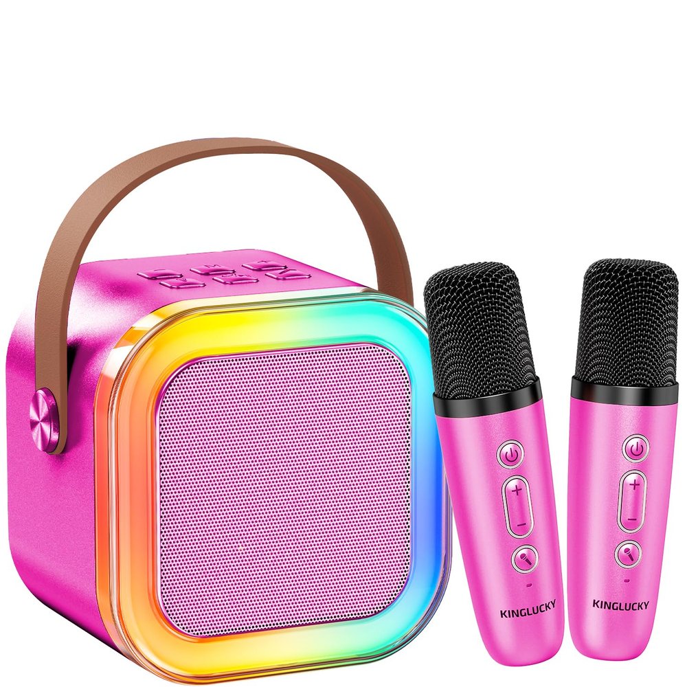 Kinglucky Mini Karaoke Machine for Kids, 2025 TOP Birthday Gifts Ideas for 3-12 Year Old Girls, Christmas Party Gifts Kids' Personal Video Players Accessories with 2 Wireless Microphones - Rose Pink