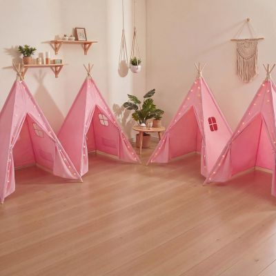 Wilwolfer 4 Pack Teepee Tent for Kids, Foldable Indoor Play Sleepover Tent with Star Lights for Girls Party, Portable Toddler Slumber Party Tents Gift, Pink