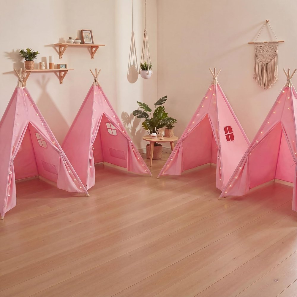 Wilwolfer 4 Pack Teepee Tent for Kids, Foldable Indoor Play Sleepover Tent with Star Lights for Girls Party, Portable Toddler Slumber Party Tents Gift, Pink