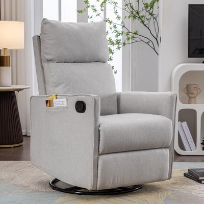 038 Cotton Linen Fabric Swivel Rocking Chair Glider Rocker Recliner Nursery Chair with Adjustable Back and Footrest for Living Room Indoor,Light Gray XJ350
